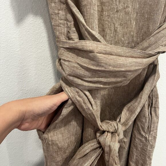 Len.Ok Linen Long Dress Tan Lagenlook Belted Waist Midi, Size L Altered Read - Picture 4 of 8